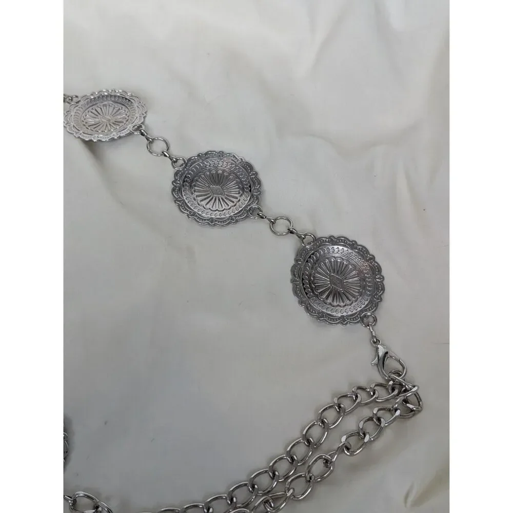 Y2K Boho Layered Silver Turquoise Medallion Detail Chain Belt OS Fits Most